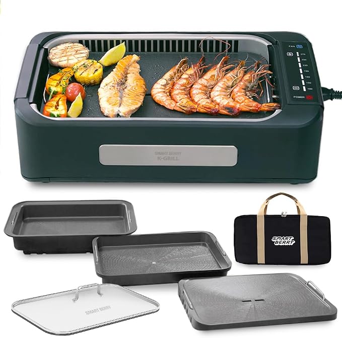 SMART BERRY 3 in 1 Smokeless Electric Indoor Grill, Nonstick Grill/Griddle Plates, hot pot, Glass Lid, Portable Korean BBQ Grill with 7-Level Control, black (HOT POT set White)