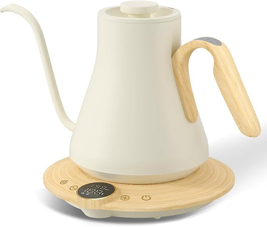 Cocinare Gooseneck Electric Kettle, ±1°F Precise Temperature Control, 1500W Fast Heating, Pour Over Coffee & Tea Kettle with Brew Timer & Keep Warm, Stainless Steel, 0.9L (White Maple)