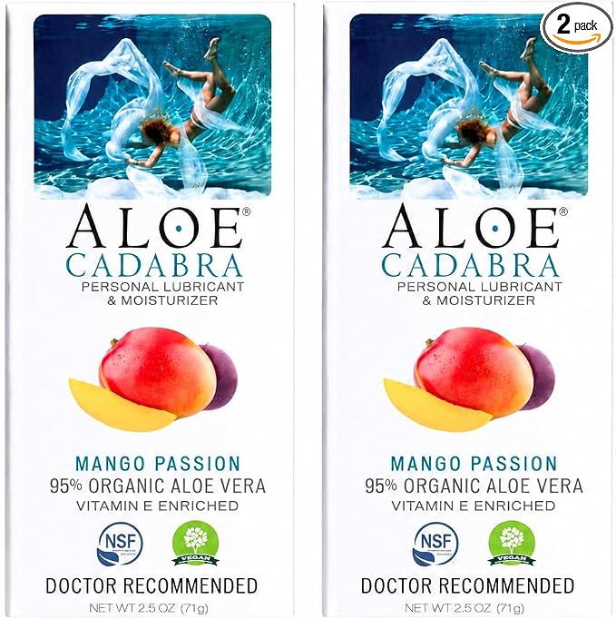 Aloe Cadabra Flavored Personal Lubricant & Vaginal Moisturizer, NSF Certified Organic Edible Aloe Lube for Men, Women & Couples, Non-Staining, pH Balanced, Toy Compatible (Mango Passion, 2.5oz 2 Pack)