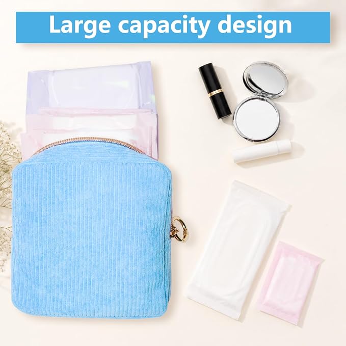 Period Bag for Girls, Corduroy Period Kit with Sanitary Pad Pouch, Menstrual Storage Bag and Tampon Holder for Purse, Girls School Essentials,Feminine Care Organizer(Bule)