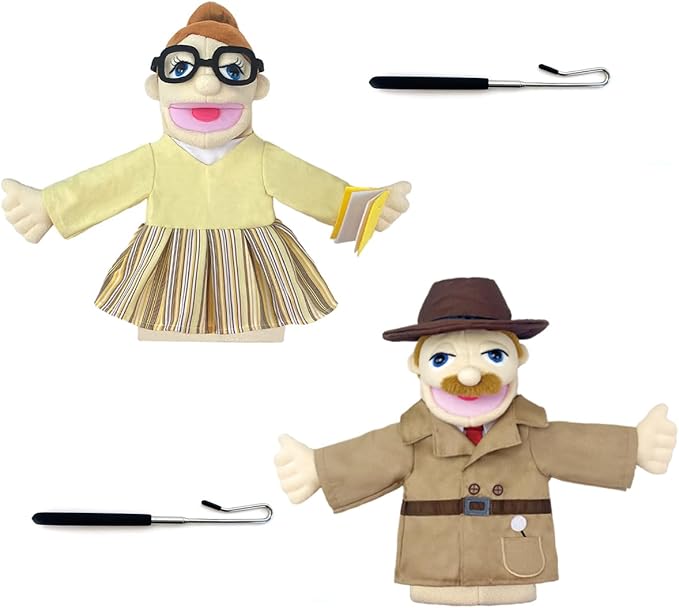 Professional Hand Puppets,2pcs Detective Puppet and Teacher Hand Puppet for Kids Role Play,Teaching Puppet Stuffed Toys Character Puppets with Movable Mouth（01-Detective&Teacher）
