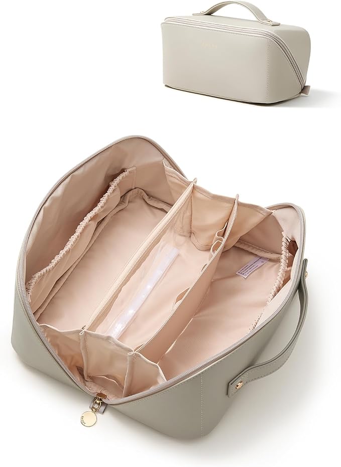 EACHY Travel Makeup Bag, Large Capacity Cosmetic Bag for Women, Waterproof PU Leather, Flat Open Portable Toiletry Bag for Skincare, Brushes & Travel Essentials