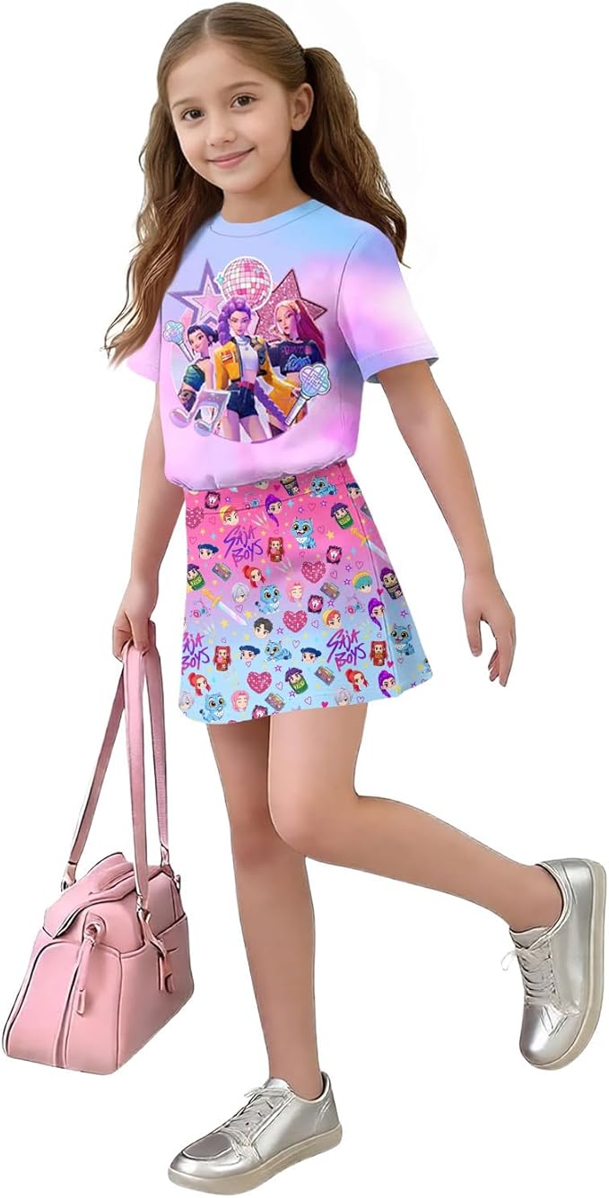 Girls 2-Piece Anime Outfit Set, Short Sleeve Graphic T-Shirt and Printed Skirt Set