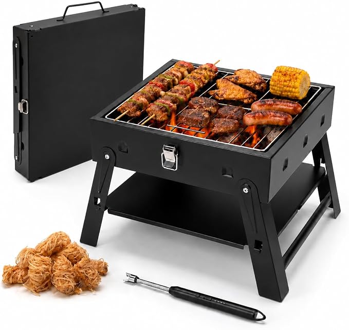 Small Portable BBQ Charcoal Grill: Mini Foldable Table Top Barbecue Grills | with Fire Starter Kit for Outdoor Cooking, Fathers Day Birthday Grilling Gift for Men Dad Husband