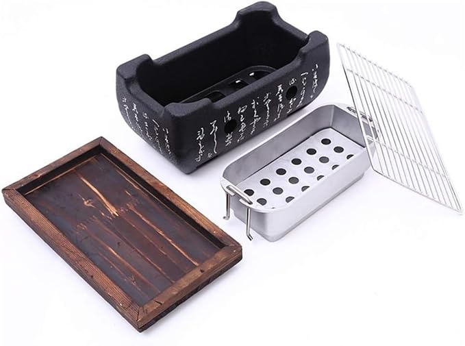 Japanese Hibachi Grill, Portable Tabletop Yakitori Charcoal Grill for Indoor Outdoor BBQ with Wooden Base & Cooking Grate 4.9x4.5x9.4in