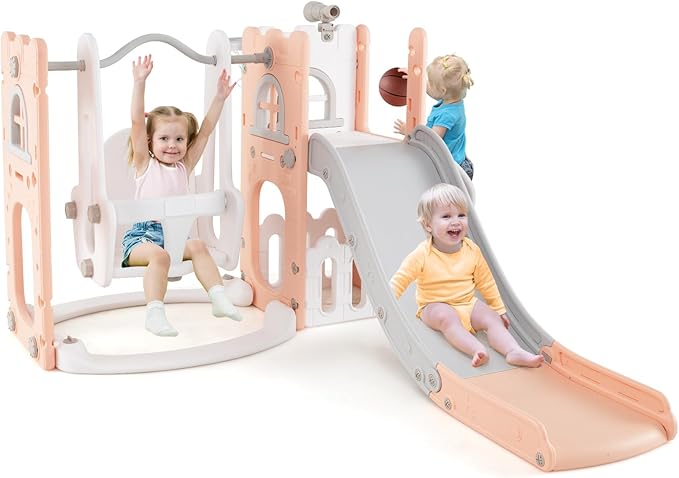 Costzon 7 in 1 Toddle Swing and Slide Set, Freestanding Toddler Slide Playset w/Swing, Basketball Hoop, Kids Slide for Toddler Age 1-3 Playground w/Storage Space, Gifts for Boys Girls (Pink)