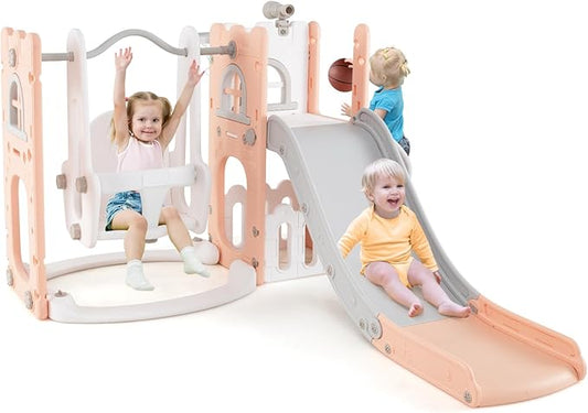 Costzon 7 in 1 Toddle Swing and Slide Set, Freestanding Toddler Slide Playset w/Swing, Basketball Hoop, Kids Slide for Toddler Age 1-3 Playground w/Storage Space, Gifts for Boys Girls (Pink)
