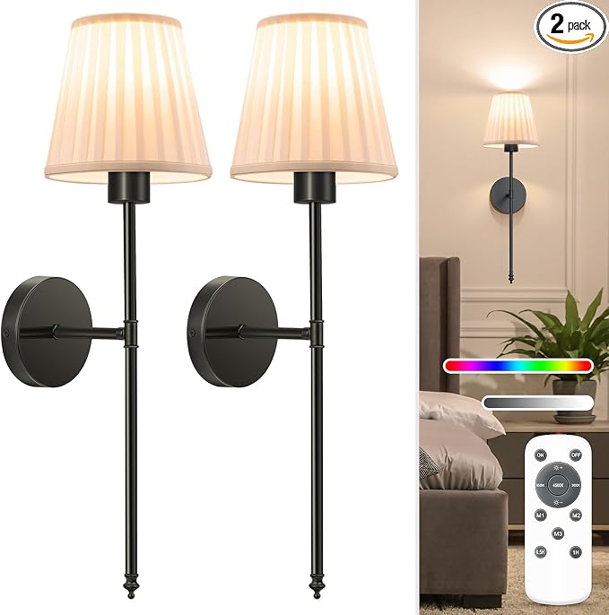 Battery Operated Wall Sconce Set of 2,Beige-Black Rechargeable Wall Lights with 10400mAh Dimmable Bulbs and Remote, 9 Colors Wireless Wall Lamps for Bedroom Living Room Hallway