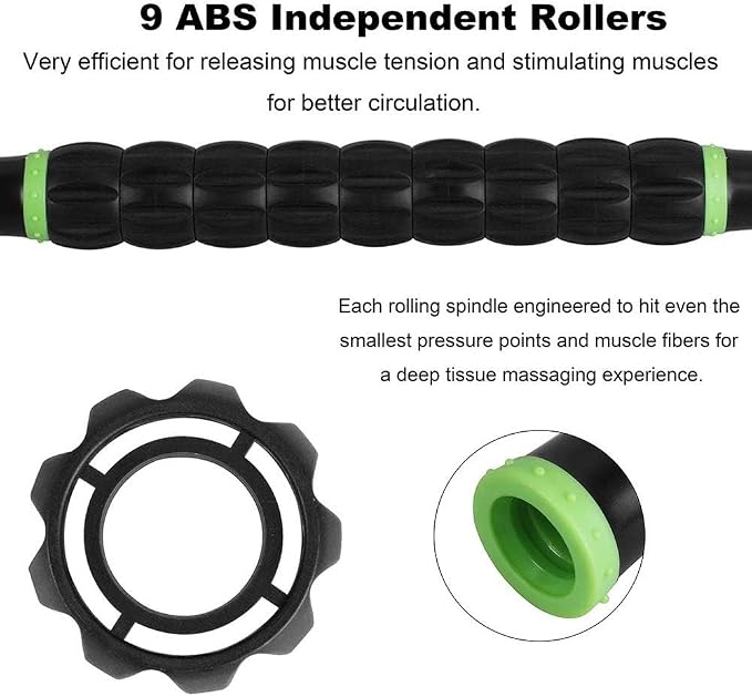 YANSYI Professional 9-Roller Deep Tissue Massage Stick - Portable Muscle Recovery Roller for Athletes, Relieves Post-Workout Soreness & Leg/Back Pain - Portable Physio Tool (Black)
