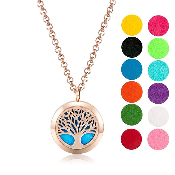 Wild Essentials Rose Gold Tree of Life Essential Oil Diffuser Necklace Gift Set - Includes Aromatherapy Pendant, 24" Stainless Steel Chain, Refill Pads