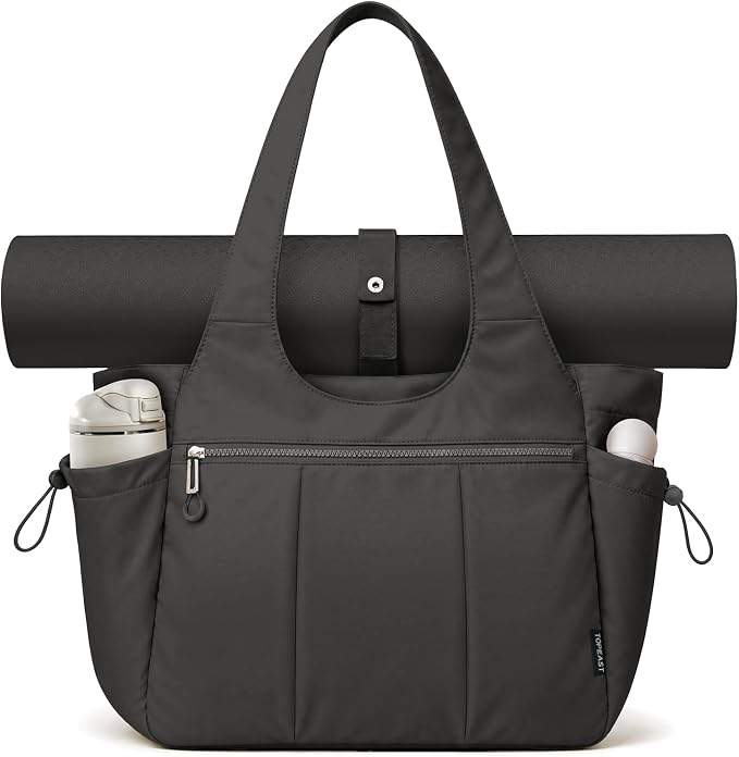 TOPEAST Foldable Tote Bag for Women with Yoga Mat Holder,Travel Tote Bag with Water Bottle Pocket,Lightweight Workout Gym Bag