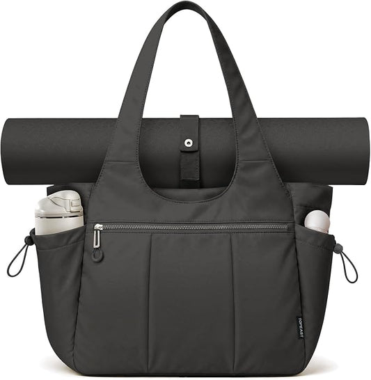 TOPEAST Foldable Tote Bag for Women with Yoga Mat Holder,Travel Tote Bag with Water Bottle Pocket,Lightweight Workout Gym Bag