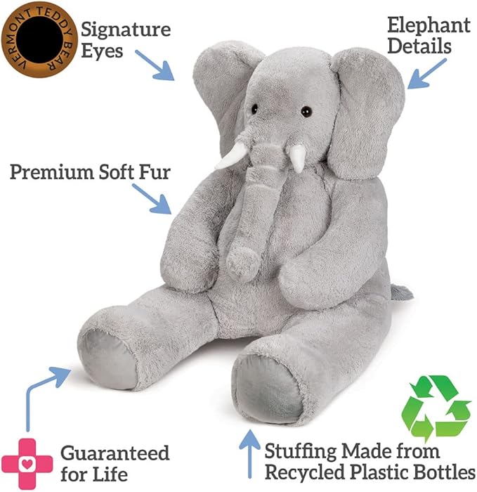 Vermont Teddy Bear Giant Elephant Stuffed Animal - 6 Foot Big Stuffed Elephant Plush from Giant Cuddle Collection - Collectible Plushies for Kids & Adults | Crafted in The USA