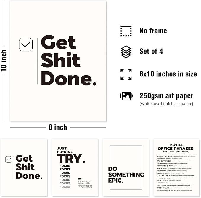 DSHFG Funny Motivational Office Pictures Wall Art Decor Prints Set of 4, Motivational Wall Art Decor Trendy Retro Posters Prints for Office Home Decor, 8x10 Unframed