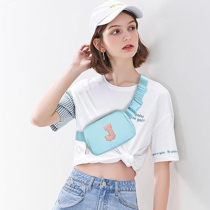Gitus Gifts for 7 8 9 10 11 Year Old Girls Belt Bag Fanny Pack Crossbody Bags with Initial Letter Patch Birthday Gifts for Daughter Sister Friends Teen girls (Icing Blue-J)
