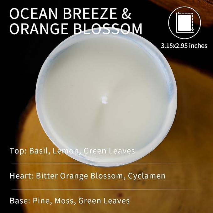 Luxury Marble Jar Scented Candle | Women Men | Non Toxic 100% Natural Coconut & Soy Wax Blend Cotton Wick | Hand Poured Highly Scented Long Lasting (Ocean Breeze & Orange Blossom, 7 Ounces)