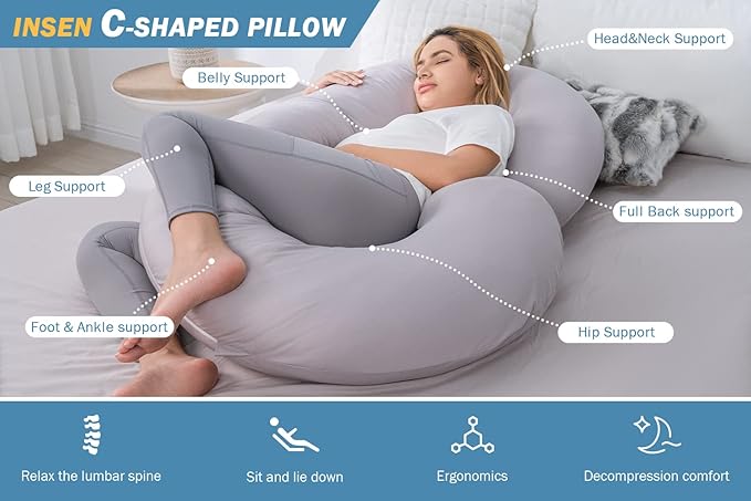INSEN Cooling Pregnancy Pillow, Maternity Pillow with Tencel Cover,C Shaped for Pregnant and Side Sleeping, Sliver Gray