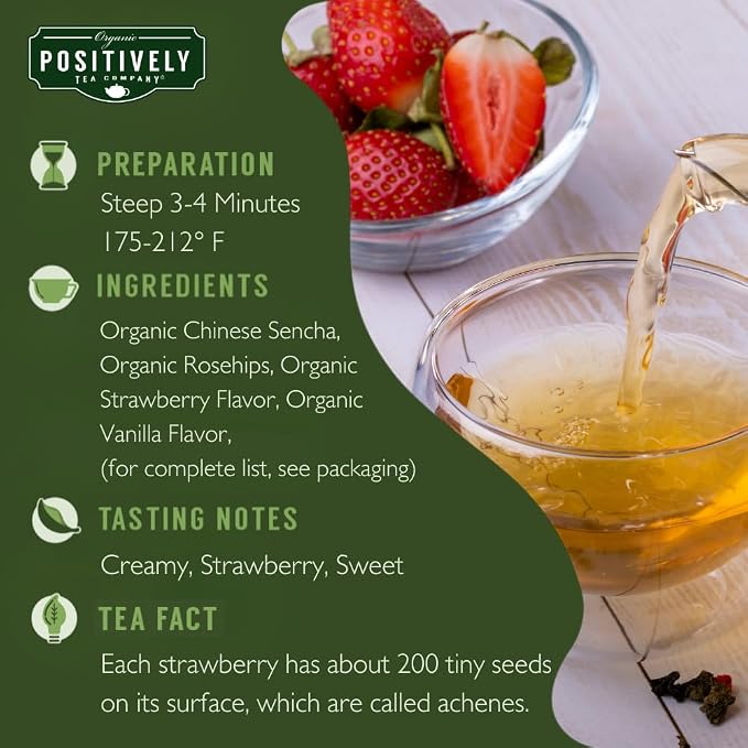 Organic Positively Tea Company, Strawberries and Cream, Green Tea, Loose Leaf, 4 Ounce