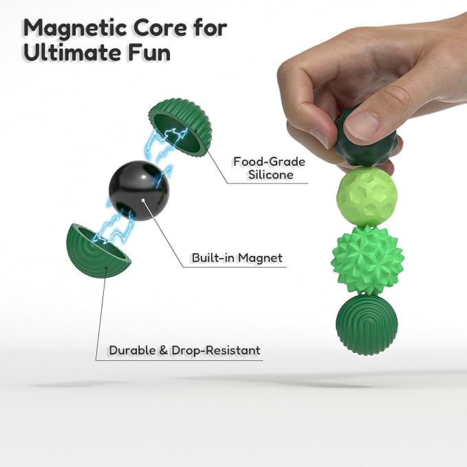 Large Magnetic Sensory Fidget Ball Toy, 4Pcs Silicone Sensory Stress Relief Toys for Adults, Teens with Autism, ADHD, Anxiety, Stocking Stuffers for Women Men Teen Gift (Green-4, Large)