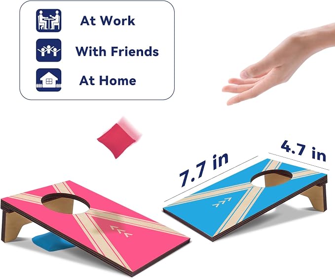 2PCS Mini Tabletop Cornhole Boards, 4.7" W x 7.7" L Wooden Desktop Toss Game with 8 Bean Bags, Portable Game Set for Travel Home