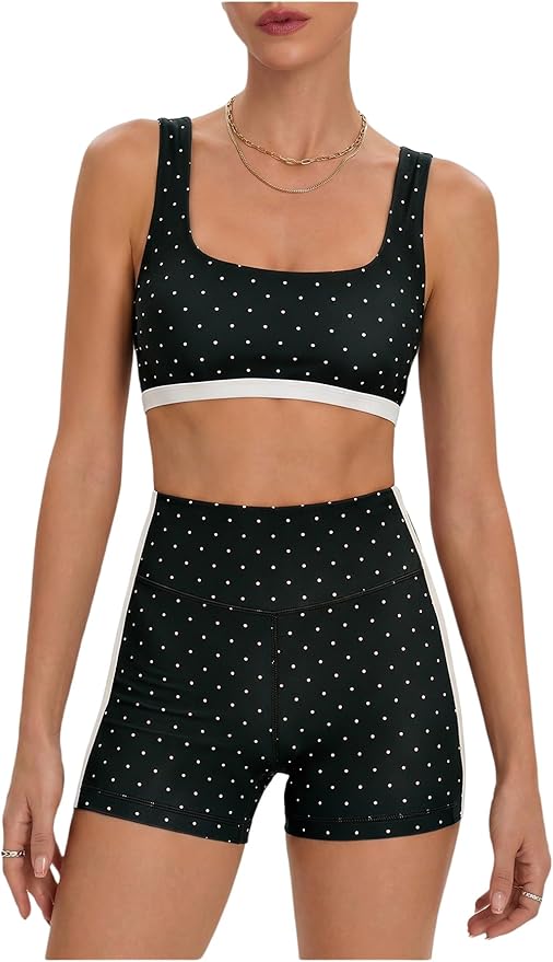 Milumia Women's Polka Dots Workout Set 2 Piece Color Block Bra Tank High Waisted Biker Shorts Layered Matching Yoga Outfit