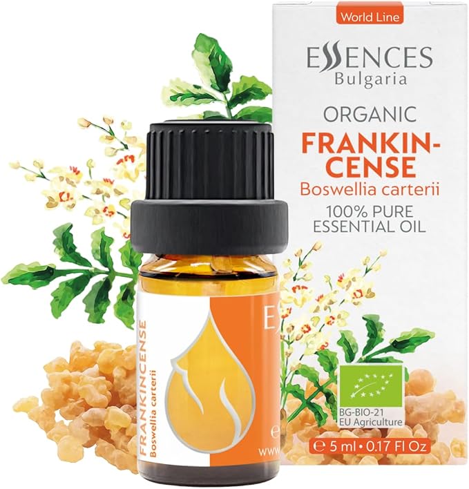Essences Bulgaria Organic Frankincense Essential Oil 0.17 Fl Oz 5ml Boswellia Carterii - 100% Pure and Natural Undiluted Therapeutic Grade for Aromatherapy with Diffuser or Air Purifier Body Massage