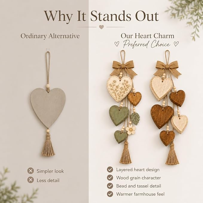 Rustic Solid Wood Heart Wall Hanging, Farmhouse Burlap Bow Decor with Distressed Wooden Hearts & Pendants, Romantic Art for Bedroom & Home Room, Vintage Charm Art Decor Signs(All Styles)