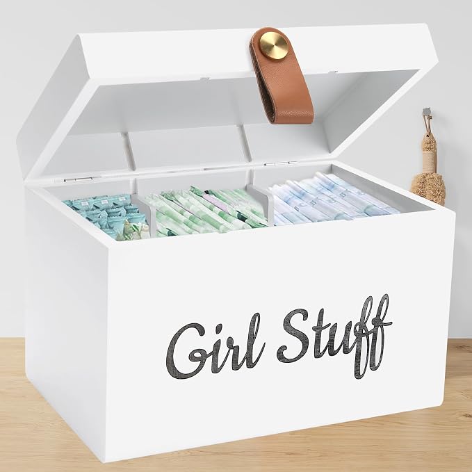 Wooden Girl Stuff Tampon Holder Box with Lid and Copper Leather Pull, Modern Bathroom Decorative Box for Feminine Product Storage and Accessories such as Tampons, Cotton Balls, Wipes, Gifts for Women