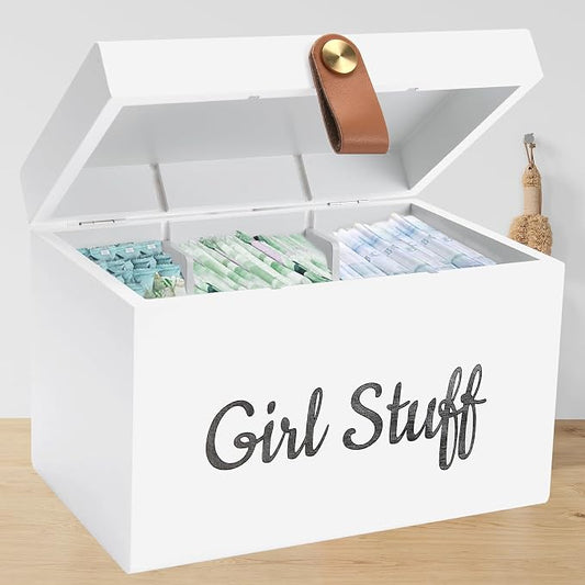 Wooden Girl Stuff Tampon Holder Box with Lid and Copper Leather Pull, Modern Bathroom Decorative Box for Feminine Product Storage and Accessories such as Tampons, Cotton Balls, Wipes, Gifts for Women