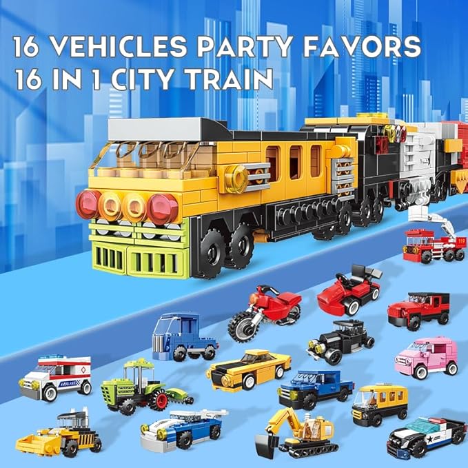 16 Pack Building Blocks Party Favors for Kids, Lego-Compatible 2 in 1 710pcs Building Kits Mini City Vehicles Include Police Car & Train, Christmas Toy Gifts Goodie Bag Filler Stuffers for Boys Girls
