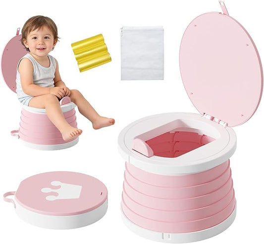 Portable Foldable Toddler Travel Potty - Medium Pink Potty Seat, Emergency Toilet for Car Camping Hiking, Lightweight Potty Chair for Indoor Outdoor Toddler Use (Pink)