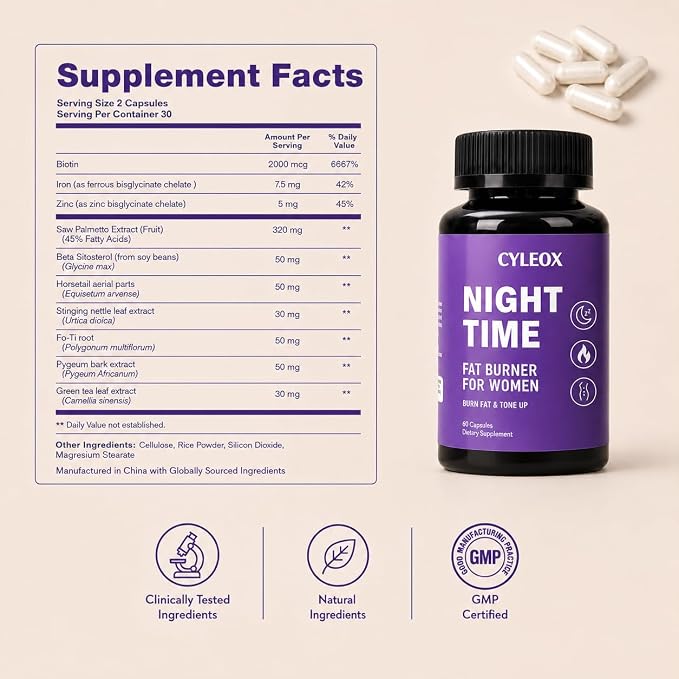 Night Time Fat Burner for Women – Weight Loss Supplement with Green Tea, Appetite Suppressant & Metabolism Booster Support, Nighttime Wellness – 60 Capsules