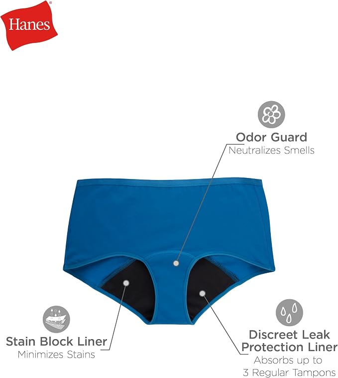 Hanes Women's Period Underwear Pack, 3-Pack, Comfort, Period. Moderate Leaks Period Panties, Odor Protection