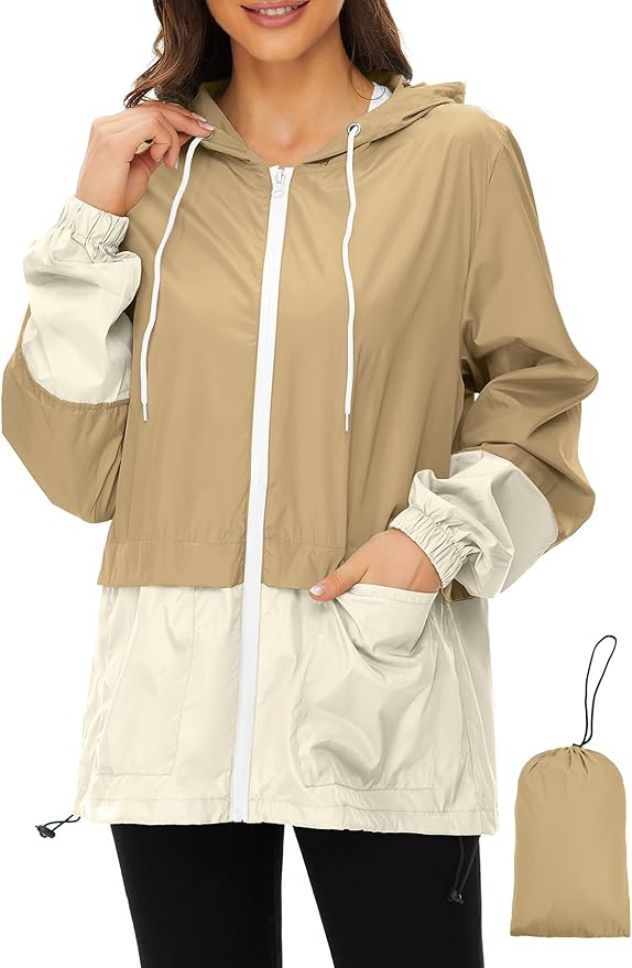 Zando Lightweight Rain Jacket Women Packable Waterproof Raincoat with Hood | Windbreaker Jacket Women, Light Raincoats for Drizzle, Rain Coats for Travel, Hiking and Commute