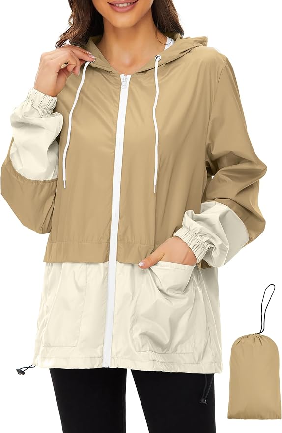Zando Lightweight Rain Jacket Women Packable Waterproof Raincoat with Hood | Windbreaker Jacket Women, Light Raincoats for Drizzle, Rain Coats for Travel, Hiking and Commute