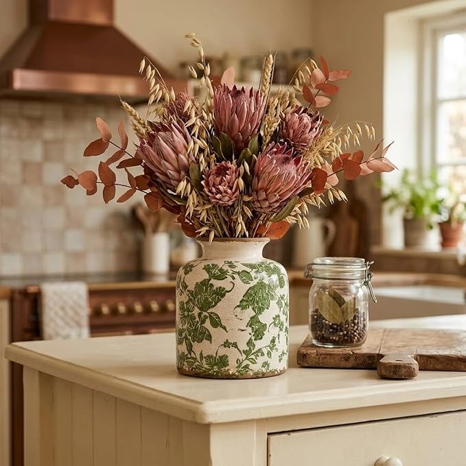 Vintage Green Ceramic Vase for Flower, Decorative Vases for Home Decor | 6.2in Rustic Tuscan Style Scroll Floral Holder, White Vase for Living Room, Mantel, Kitchen, Centerpieces, Tables