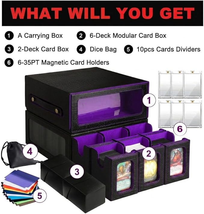 9IN1 MTG Deck Box with Carrying Handle, 8 Removable Deck Boxes & 1000+ Card Storage for TCG & Sports Cards, 10 Dividers, for Magic, YuGiOh, Gundam Card Game (BLACK/PURPLE)