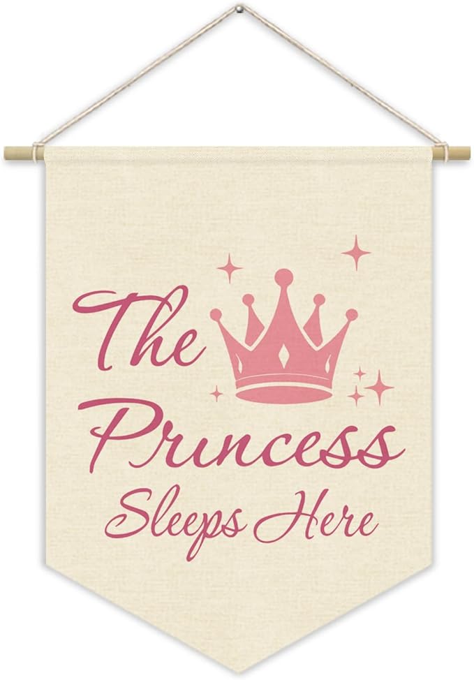 Princess Room Decor for Girls Bedroom Door Sign, Pink Cute Linen Pennant Banner for Baby Girl Nursery Wall Hanging, Princess Playroom ToddlerRoom Decorations 15x11 Inch