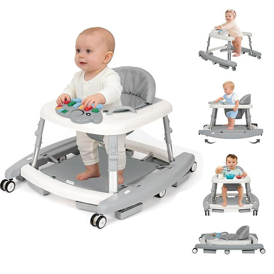 5-in-1 Baby Walker for Boys and Girls Music and Lights 6-18 Months, Foldable Baby Walkers with 5 Adjustable Heights, Infant Toddler Walker with Wheels and Combo Portable（Grey）