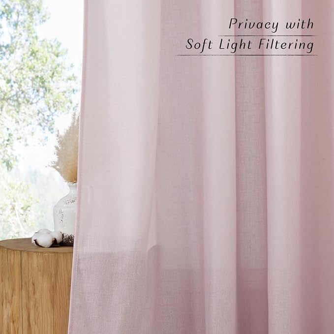 NICETOWN Blush Pink Linen Curtains for Kitchen, Thick Flax Small Window Treatments Semi Sheer Privacy Assured with Light Through for Cafe/Bathroom, W55 x L36, 2 Panels