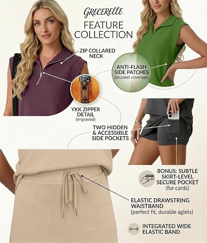 GRECERELLE Women's 2026 Summer 2 Piece Skort Sets Cap Sleeve Zip Collared Top Matching Tennis Skirt with Pockets for Athletic