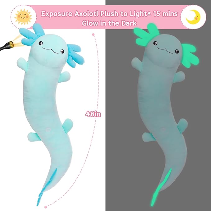 MaoGoLan Large Axolotl Plush Body Pillow,Big Salamander Plush Pillow Toy,XL Axolotl Stuffed Animal for Kids, Salamander Plushies Glow in The Dark, Christmas Valentine Birthday Gifts Blue