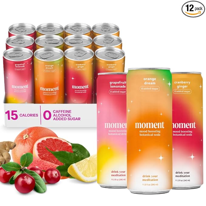 Moment Adaptogen Drink (Shark Tank) - Calm, Clarity & Relaxation with L-Theanine & Ashwagandha - Non Alcoholic Drinks for Adults - Sparkling Botanical Soda - 0 Sugar 0 Caffeine - 12 Pack 11.5 fl oz