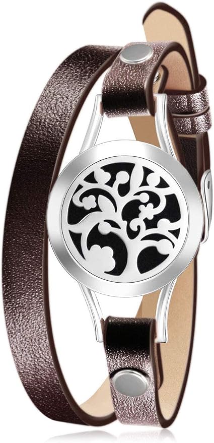 Wild Essentials Arbol Tree Essential Oil Bracelet Diffuser, Leather Wrap Band, Stainless Steel Locket Pendant, 12 Color Refill Pads, Customizable Color Changing Perfume Jewelry, Aromatherapy, Brown