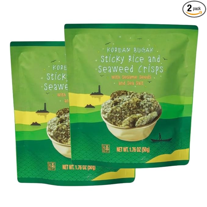 Korean Bugak Sticky Rice and Seaweed Crisps with Sesami Seeds and Sea Salt 1.76 oz (50g) - 2 PACK