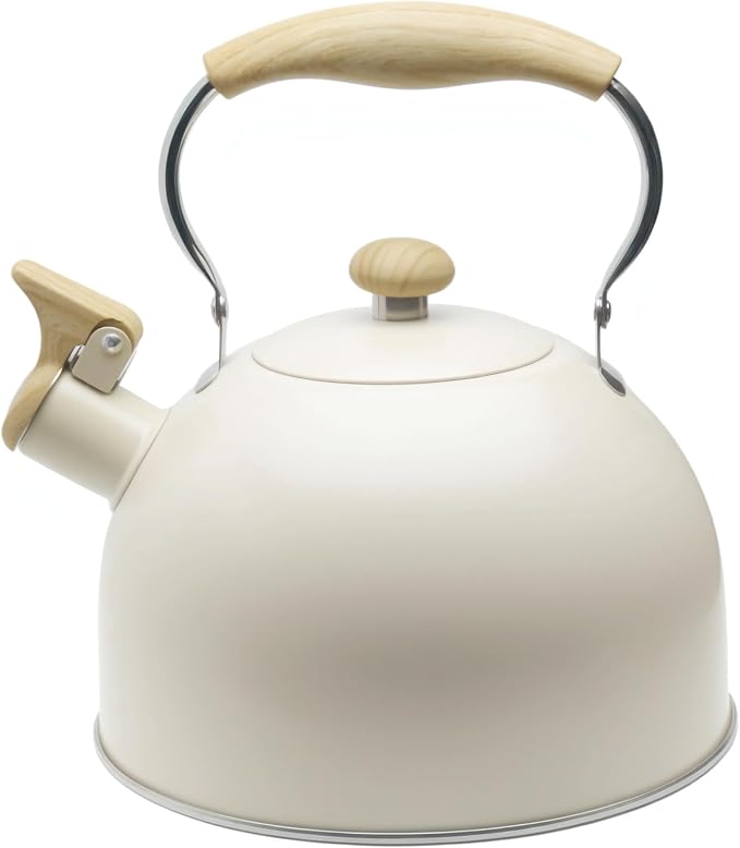 Lily's Home Whistling Tea Kettle, Teapot for Stovetop, Pleasant Whistle Sound, Heat Resistant Plastic Handle - Faux Wood Finish, Non Toxic Stove Kettle for Boiling Water - 2.5 Quarts (Cream)