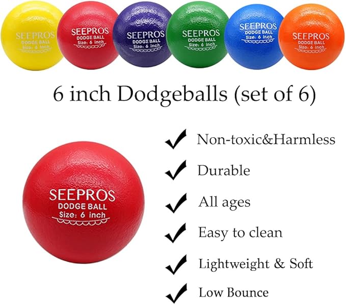 Foam Dodgeball Set - Soft Skin, Low Bounce, Set of 6 with Mesh Storage Bag for Kids and Adults