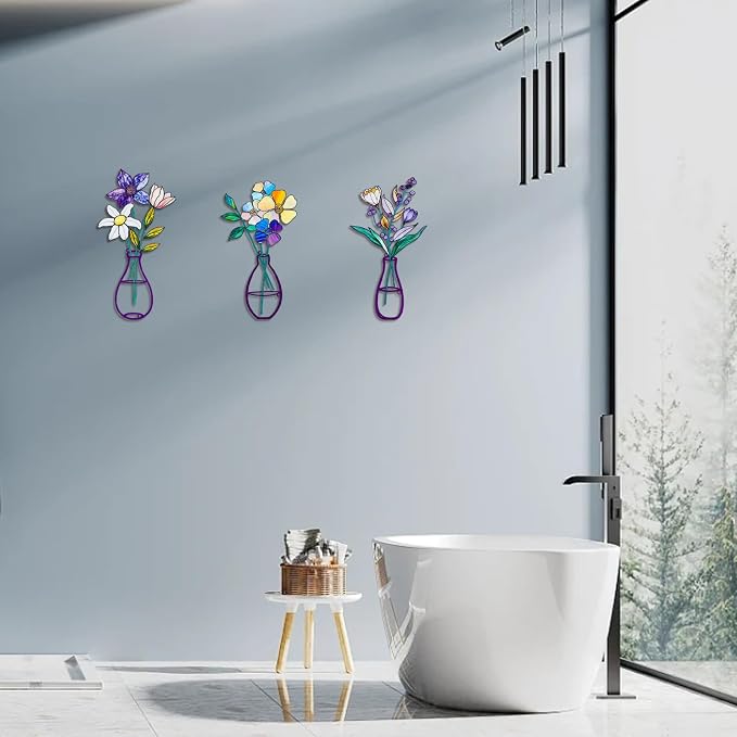 3 Pcs Metal Flowers Wall Arts,Metal Vase Wall Art,Iron Art Painting,Rustic Farmhouse Decor Minimalist Flower Wall Decor for Bedroom Bathroom Living Room Dining Room (Set G)