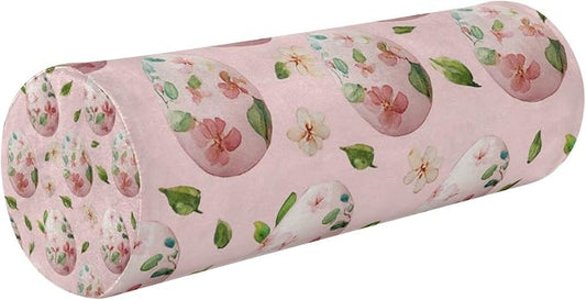 Pink Easter Eggs and Leaves Neck Roll Pillow Bolster Round Health Memory Foam Long Cervical Cylinder Pillows with Removable Washable Cover for Body Bed Legs Back Yoga