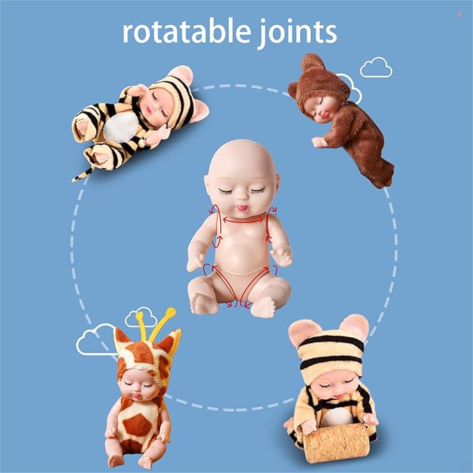 6 Pcs 4.3 Inch Mini Baby Dolls Set with Cute Small Animal Baby Doll Clothes, Child-Safe Role Play Toys for Toddlers Girls Boys Kids 3+ Christmas Birthday Gift Sets